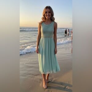 Mint green lace dress with beaded waist and flowy skirt. Size: 14 Rare Editions